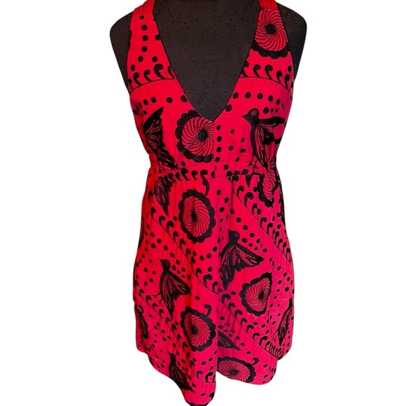 Anthropologie La La Lame Red Embroidered Cotton Dress with Birds Pockets Small - Picture 4 of 9